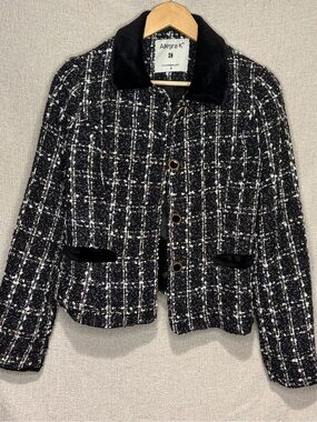 Allegra K Black & White Tweed Cropped Blazer with Velvet Collar